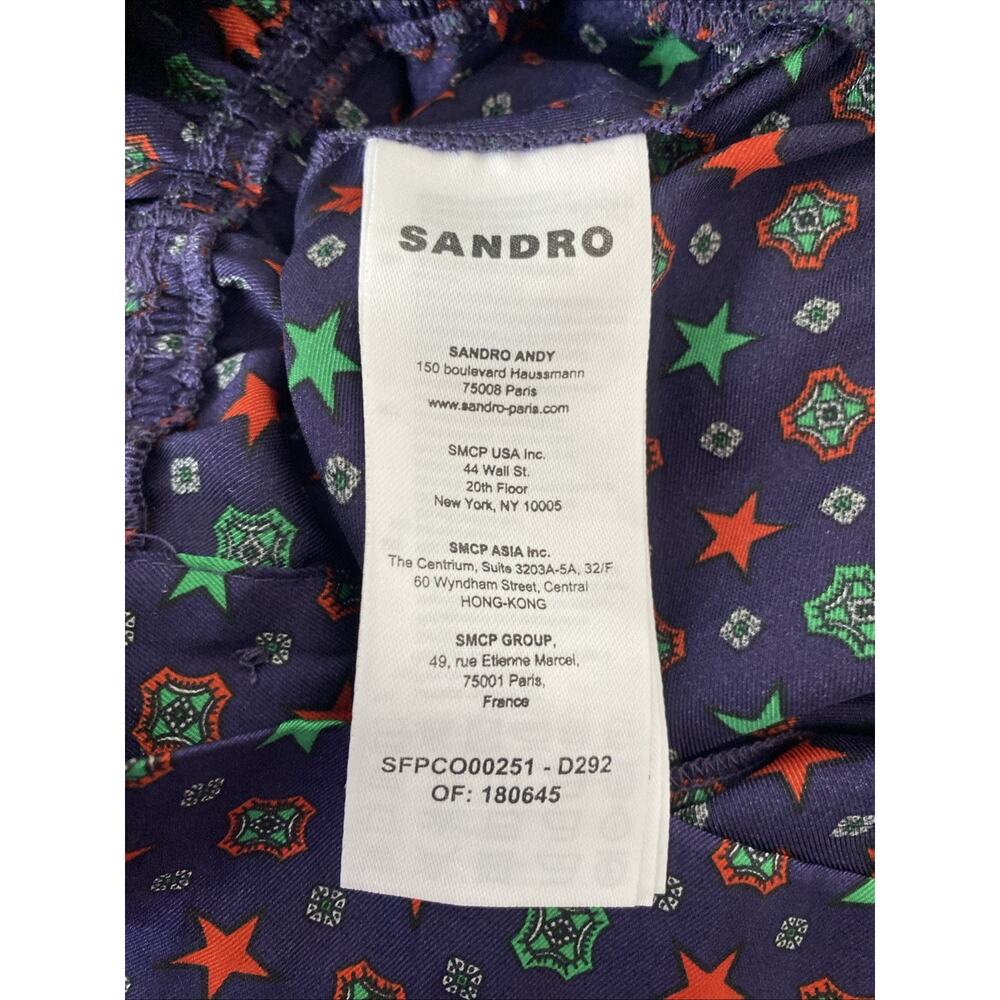 Sandro Curry Satin Romper Purple Star Print Short Sleeve Belt Pleat V Neck 38 - Picture 12 of 14